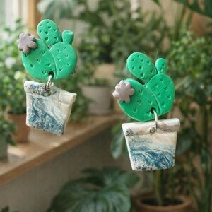 Handmade Green Cactus Planter Handmade Polymer Clay Earrings